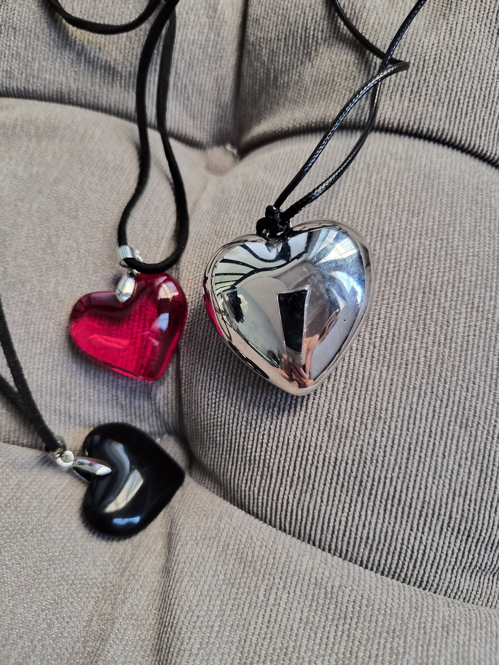 5/$5 3pc Heart Pendant Necklace Set • Silver, Red, Black Cord - Picture 3 of 6